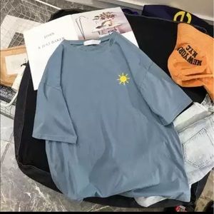 Blue Embroidered Sun Oversized Female Short Sleeve T-Shirt